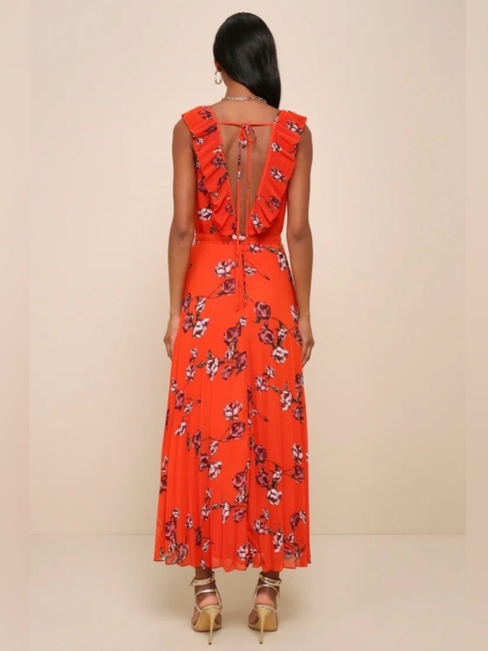 Lulus orange red maxi dress floral summer wedding pleated romantic floral XL EUC - Picture 3 of 16